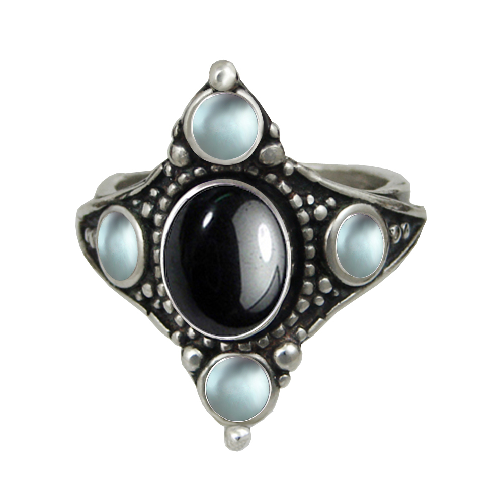 Sterling Silver Renaissance Queen's Ring With Hematite And Blue Topaz Size 9